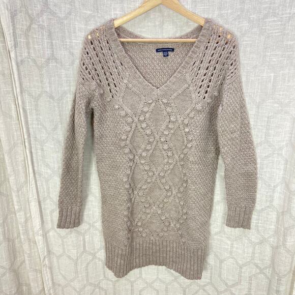 American Eagle Tunic Sweater Size S Bobble Neutral Taupe Beige V Neck - Picture 10 of 10